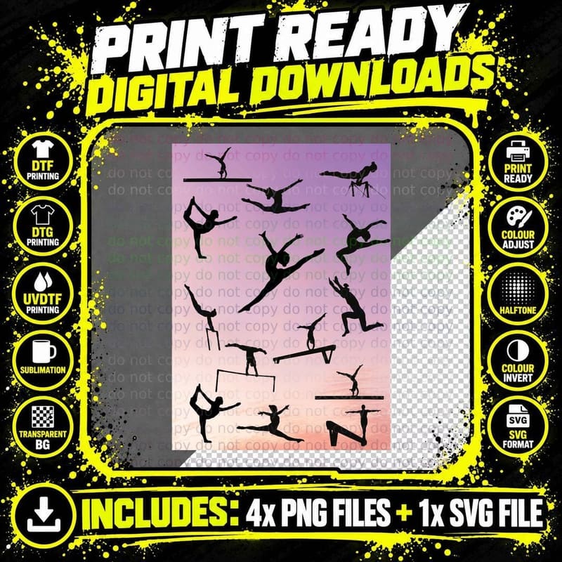 Silhouette of Female Gymnast in Sunset T-Shirt Png SVG Digital Bundle