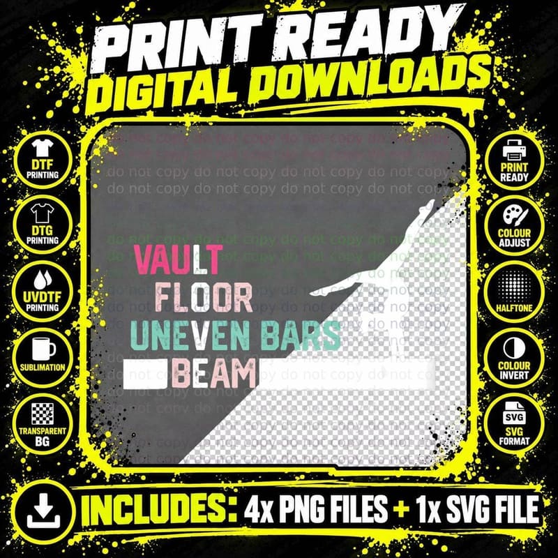 Vault Floor Uneven Bars Beam Gymnastics T-Shirt Png SVG Digital Bundle