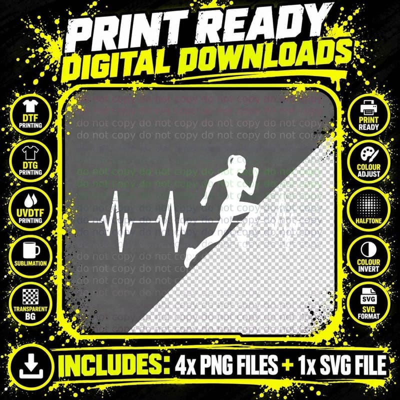 Runner Jogger Heartbeat Heart Line Running Gift T-Shirt Png SVG Digital Bundle