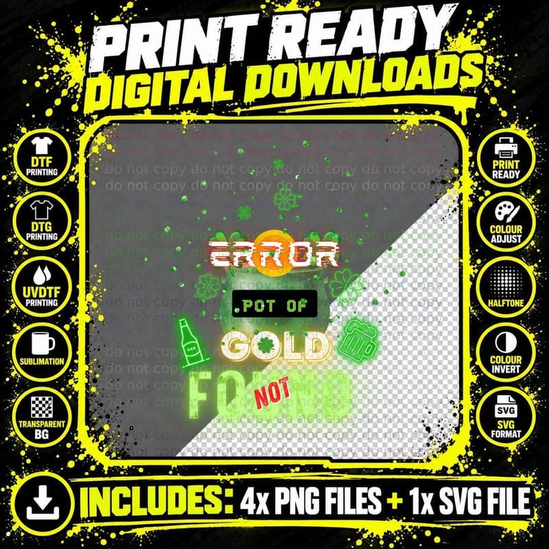 404 Error, Pot of Gold Not Found. St. Patrick's Day Neon Png SVG Digital Bundle