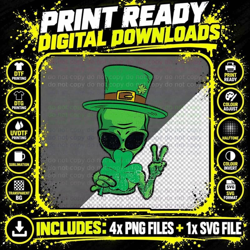 Alien Peace Sign Shamrock St Patricks Day UFO Leprechaun Png SVG Digital Bundle