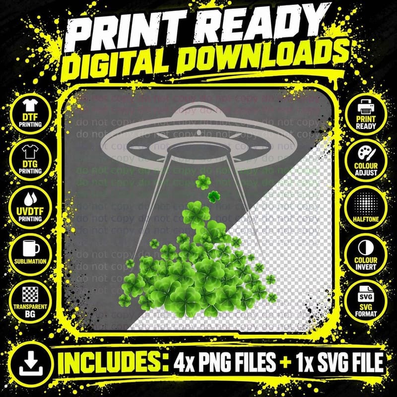 Alien St Patricks Day UFO Abduction Clover Shamrock Png SVG Digital Bundle