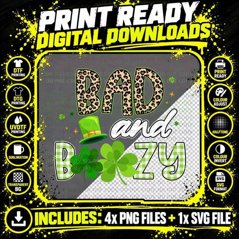 Bad and Boozy Leopard Green Plaid Shamrocks St Patricks Png SVG Digital Bundle