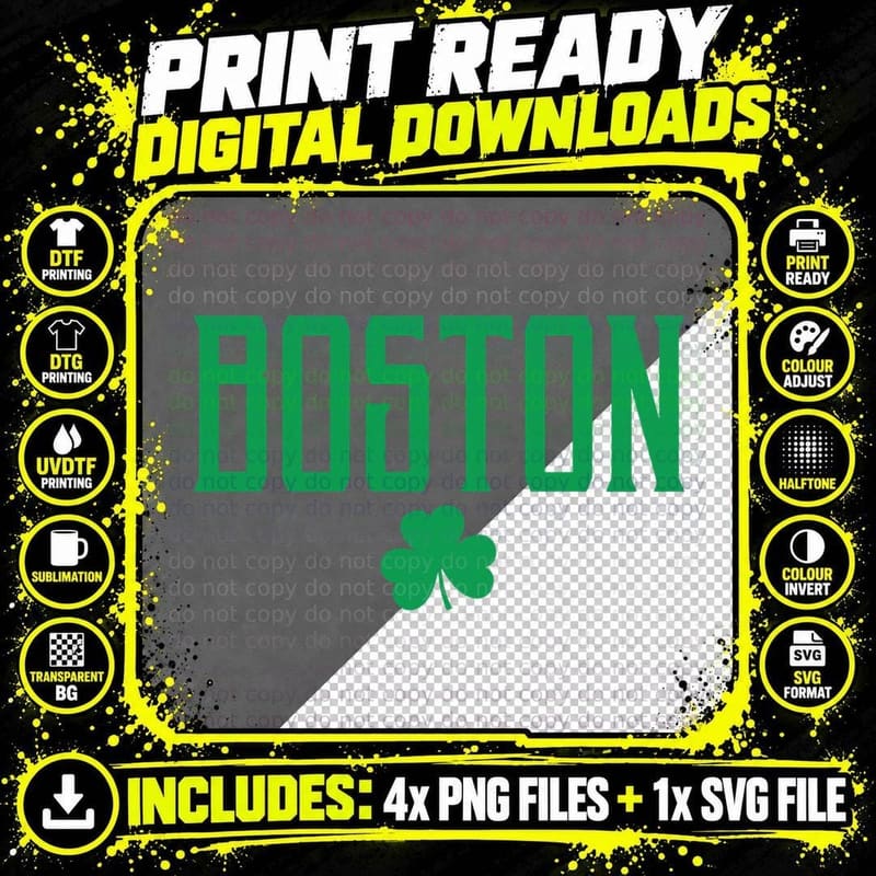 Boston Text Irish Shamrock Green Print T-Shirt Png SVG Digital Bundle