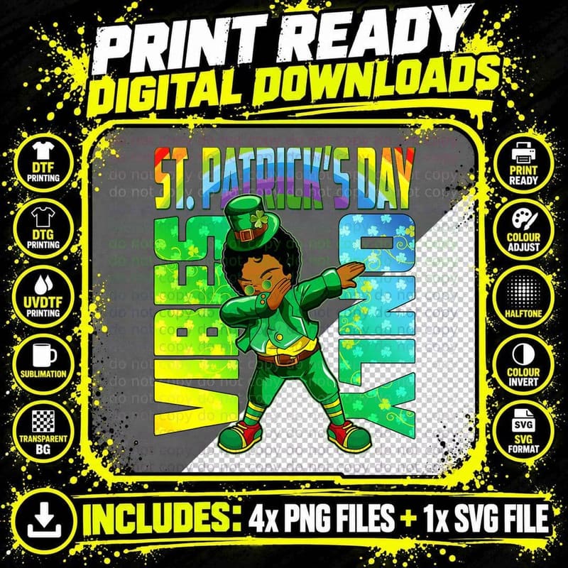 Boys St Patricks Day Vibes Only Dabbing African American Png SVG Digital Bundle