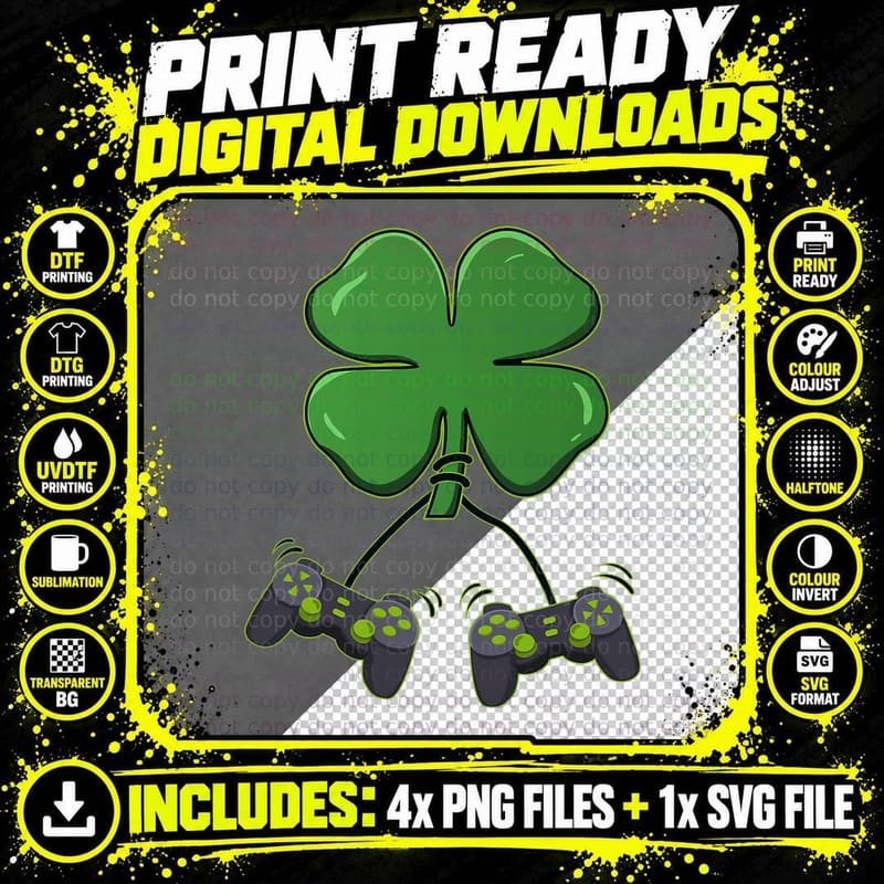 Clover Video Game Controllers St Patricks Day Boys Girl Png SVG Digital Bundle