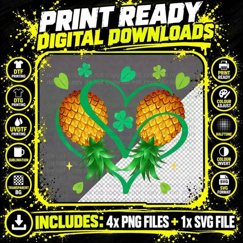 Couple Upside Down Pineapple Heart Shamrock St. Patricks Png SVG Digital Bundle