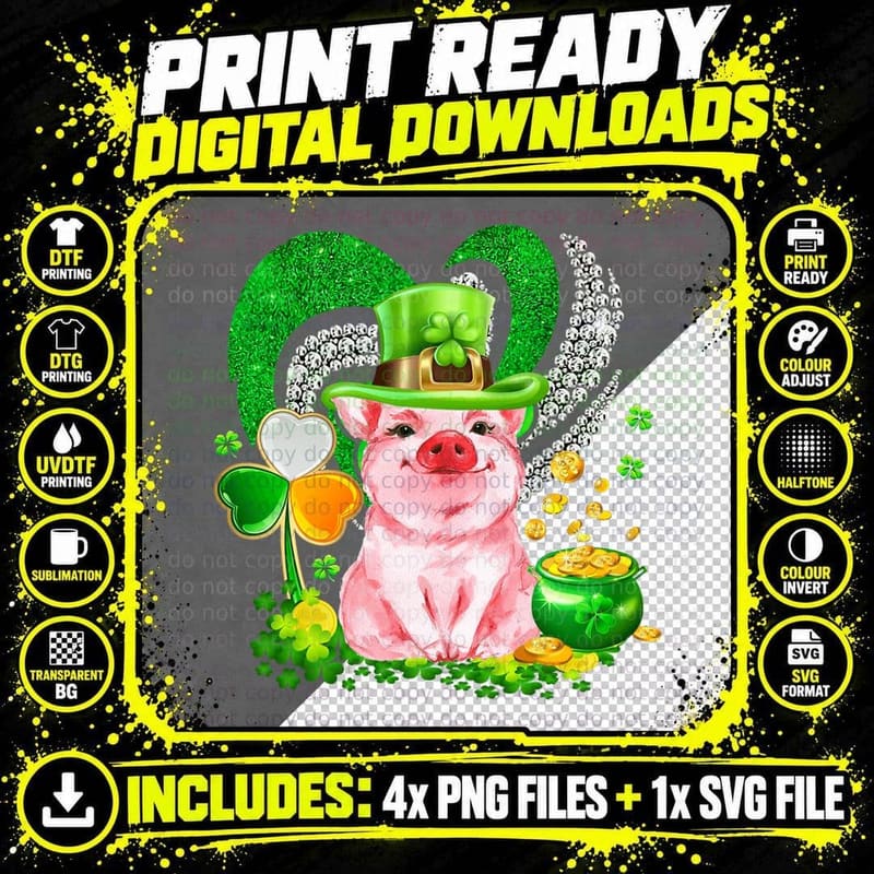 Cute Pig Leprechaun Hat Shamrock Heart Irish Culture Png SVG Digital Bundle