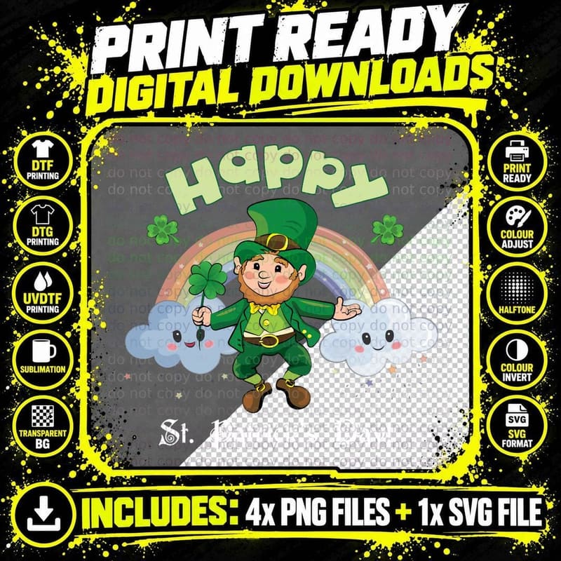 Cute St. Patrick's Day Leprechaun with Rainbow T-Shirt Png SVG Digital Bundle