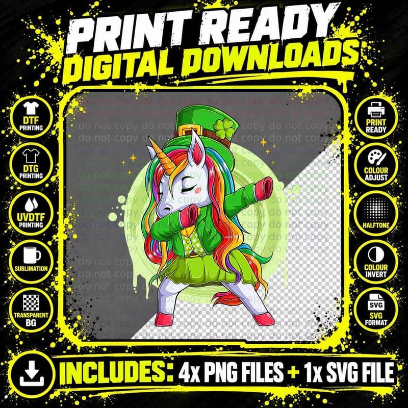 Dabbing Unicorn Leprechaun Hat St Patricks Day Irish Png SVG Digital Bundle