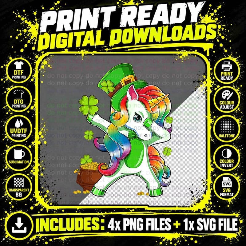 Dabbing Unicorn St Patricks Day Irish Shamrock Girls Png SVG Digital Bundle
