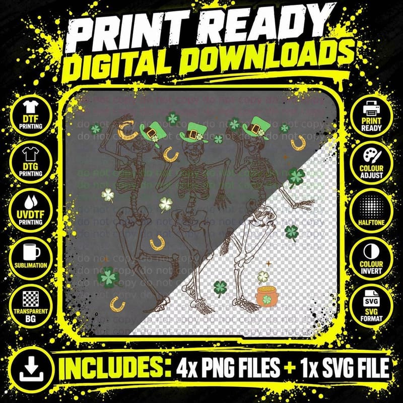 Dancing Skeletons with Leprechaun Hats St Patricks Day Png SVG Digital Bundle