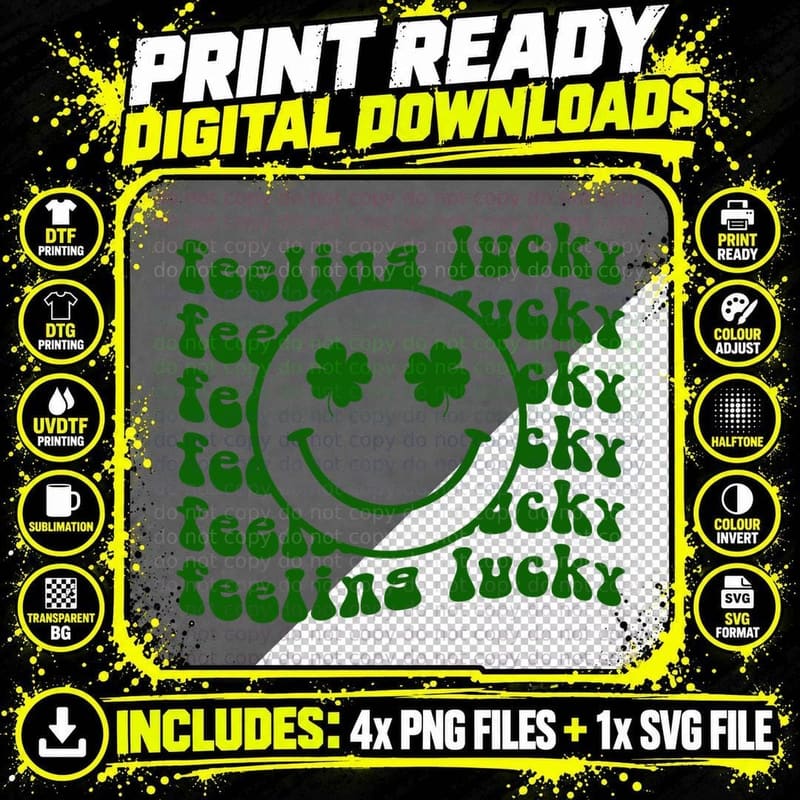 Feeling Lucky Smile Lucky Shamrock St. Patrick's Day Png SVG Digital Bundle