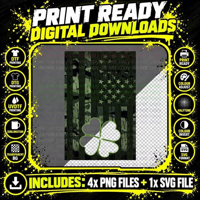 Flag Camo America Camoflauge Shamrock Clover St Patricks Png SVG Digital Bundle