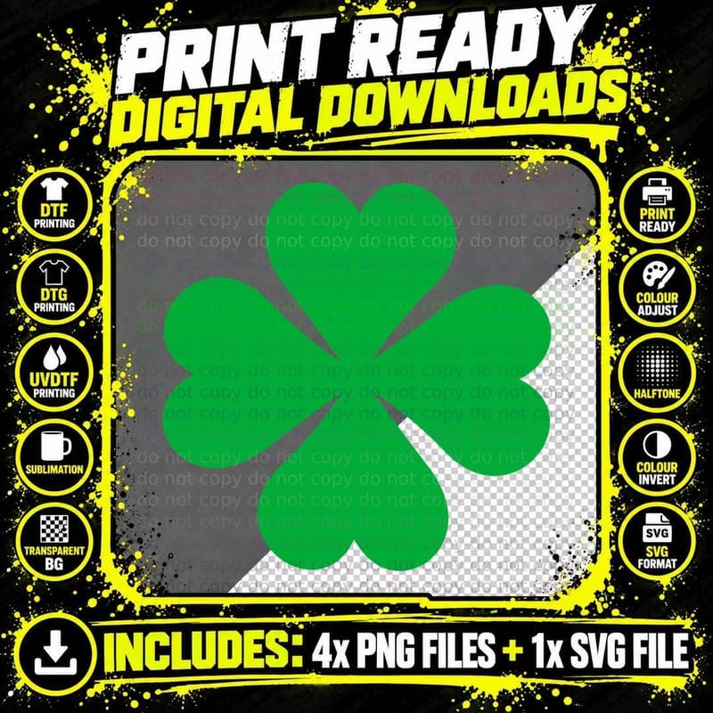 Four-Leaf Clover on Gray Background St Patricks Day Png SVG Digital Bundle
