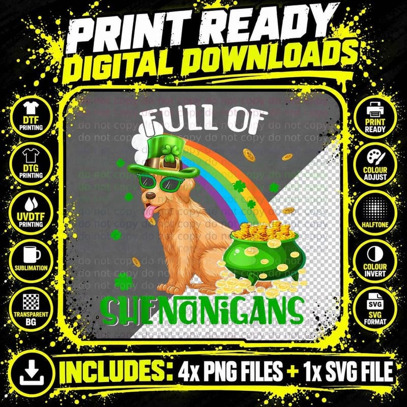 Full of Shenanigans Patrick Day Leprechaun Golden Png SVG Digital Bundle