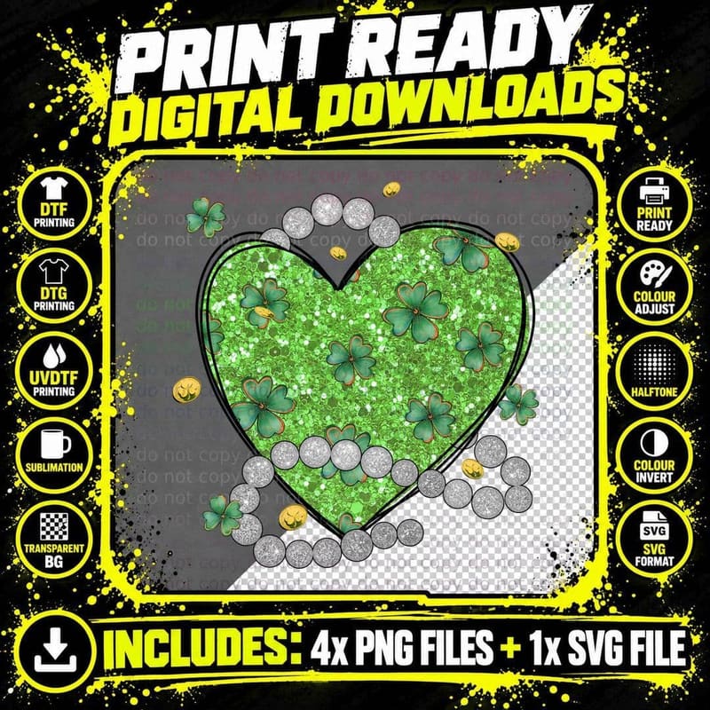 Glittery Green Heart with Shamrocks St Patricks Day Png SVG Digital Bundle