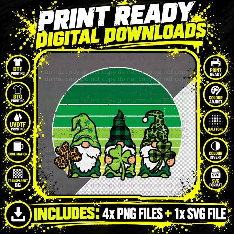 Gnomes Shamrock Leopard Clover Paddys St Patricks Day Png SVG Digital Bundle