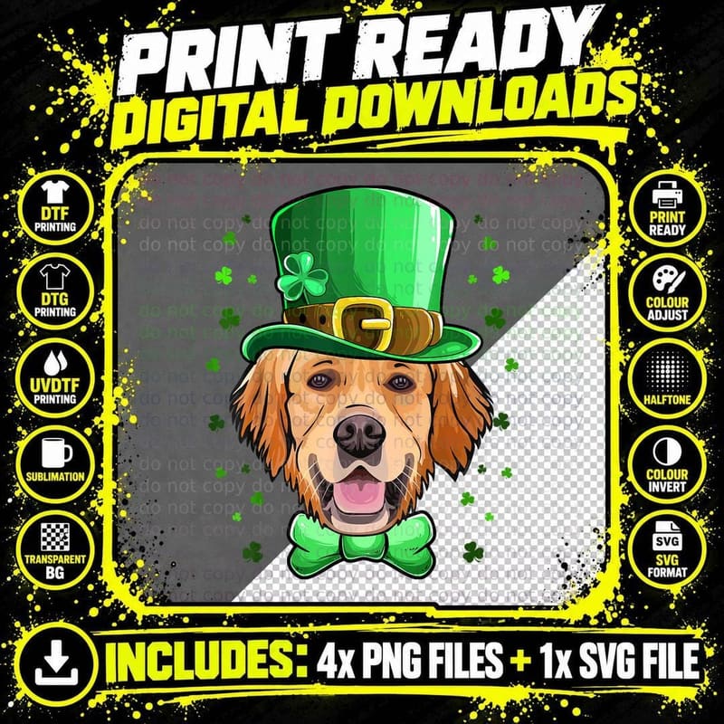 Golden Retriever Leprechaun Costume St Patricks Day Png SVG Digital Bundle