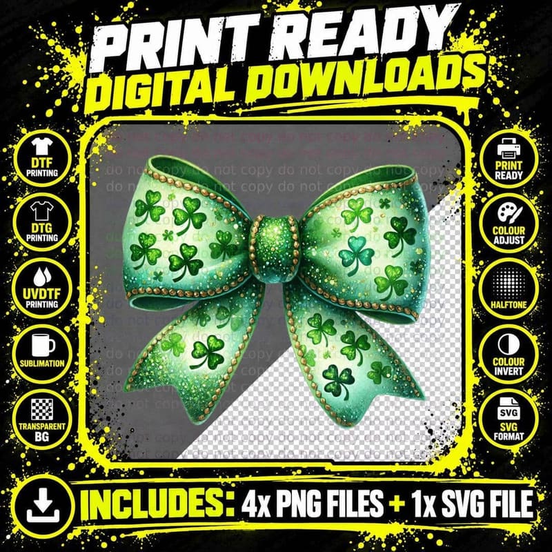 Green Bow with Shamrocks St Patricks Day Art T-Shirt Png SVG Digital Bundle