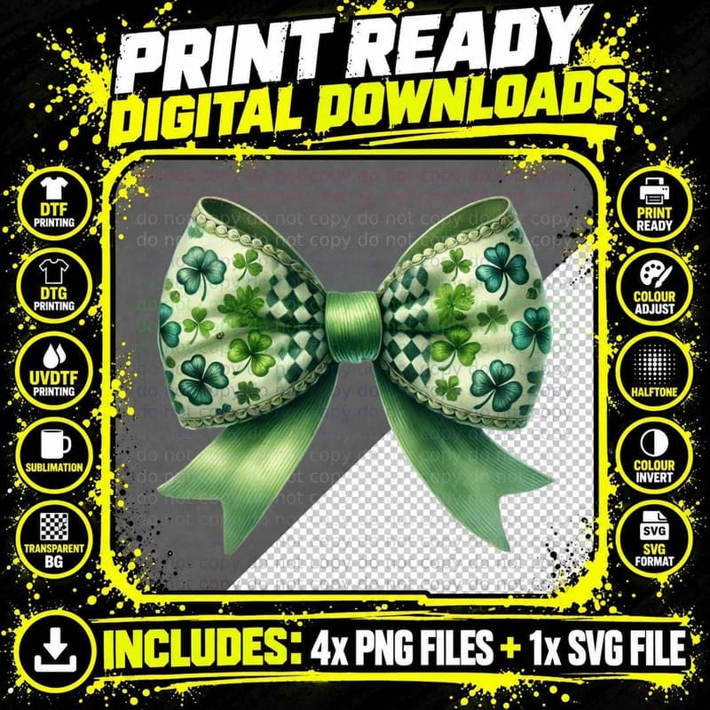 Green Bow with Shamrocks on White Background St Patricks Png SVG Digital Bundle