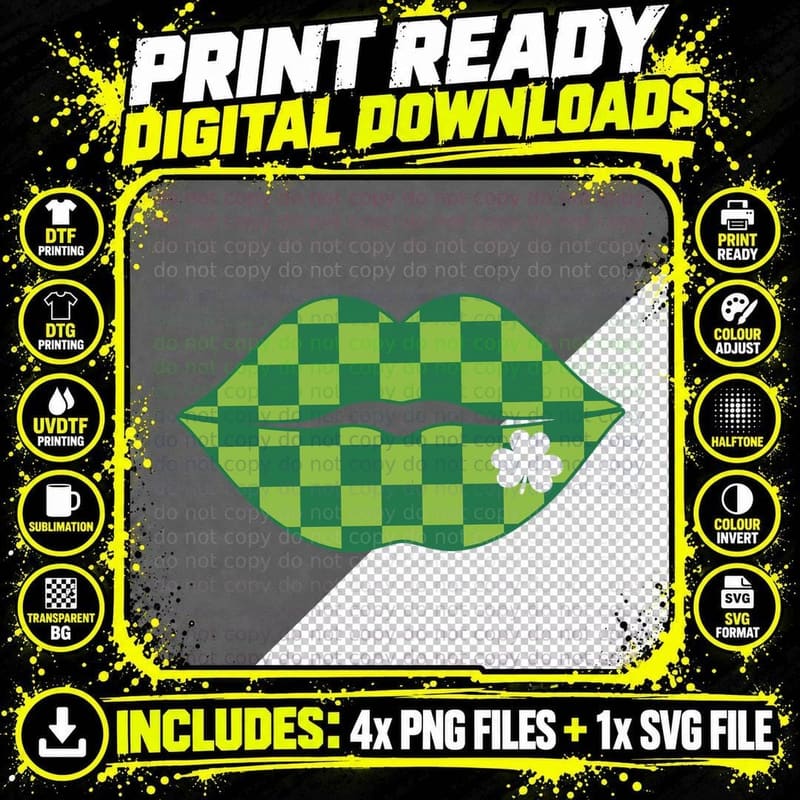Green Checkered Lips with Shamrock St Patricks Day Png SVG Digital Bundle
