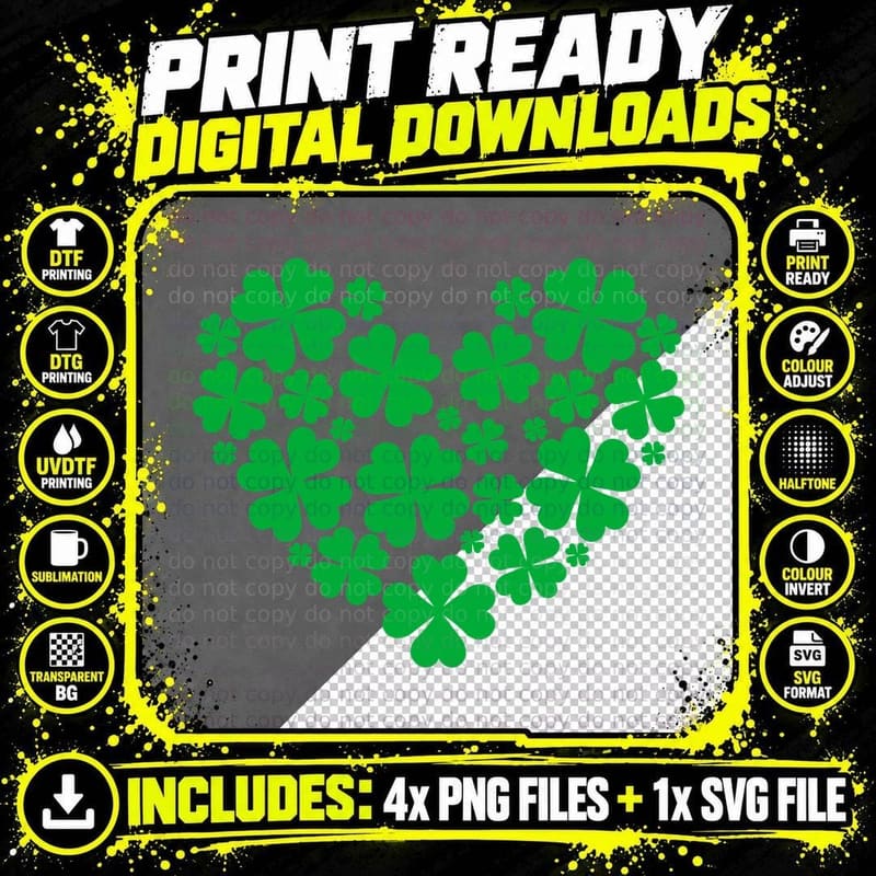 Green Clover Heart Pattern St Patricks Day T-Shirt Png SVG Digital Bundle