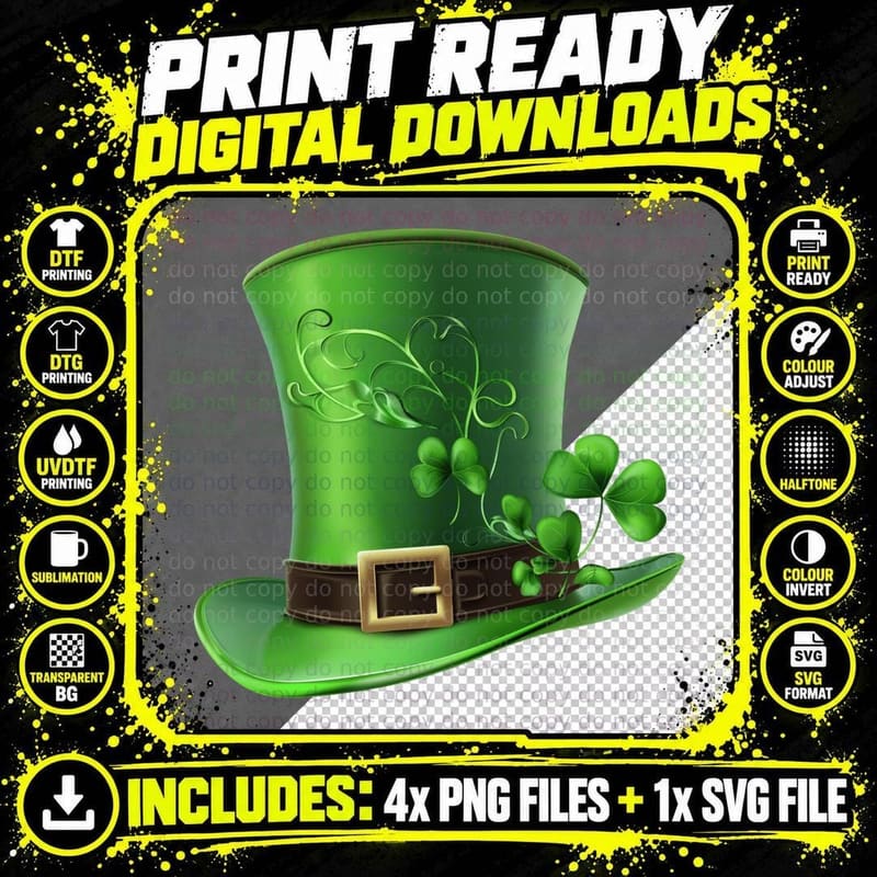 Green Leprechaun Hat with Clovers St Patricks Day T-Shirt Png SVG Digital Bundle