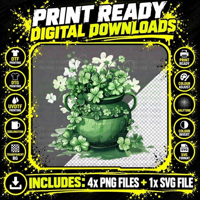 Green Pot Overflowing Clovers St Patricks Day T-Shirt Png SVG Digital Bundle