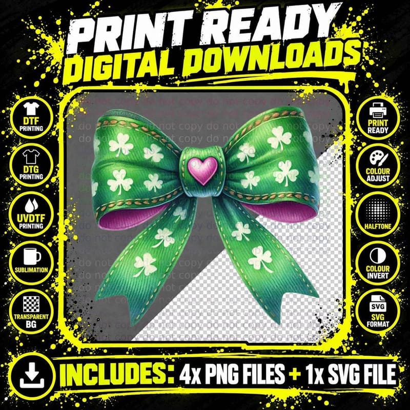 Green Shamrock Bow with Heart St Patricks Day T-Shirt Png SVG Digital Bundle