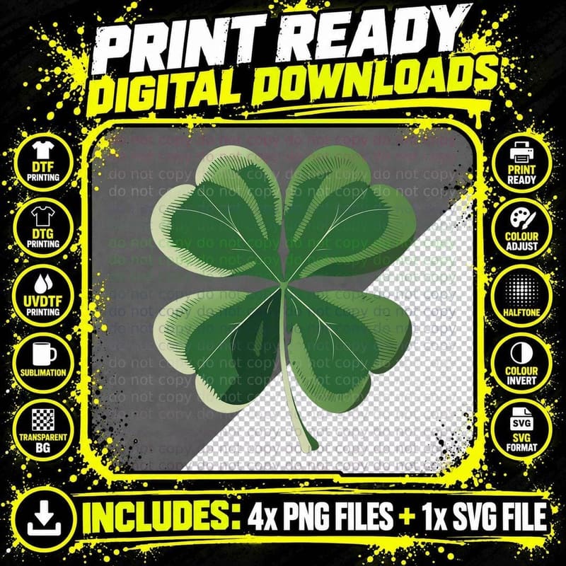 Green Shamrock Clover Lucky Charm on St Patricks Day Png SVG Digital Bundle