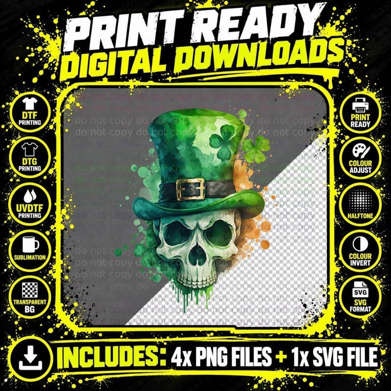 Green Skull Top Hat Shamrocks St Patricks Day T-Shirt Png SVG Digital Bundle