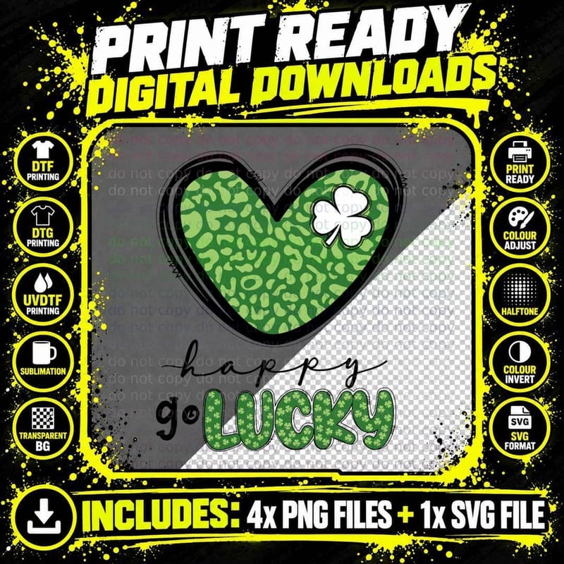 Happy Go Lucky Heart St Patricks Day Lucky Clover Png SVG Digital Bundle