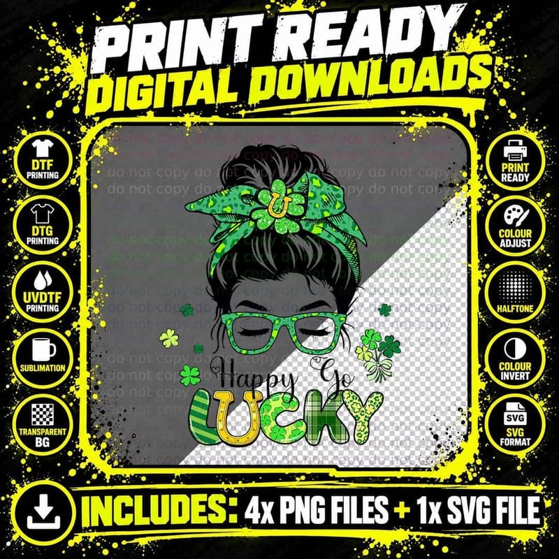 Happy Go Lucky Messy Bun Shamrock St Patricks Day Women Png SVG Digital Bundle