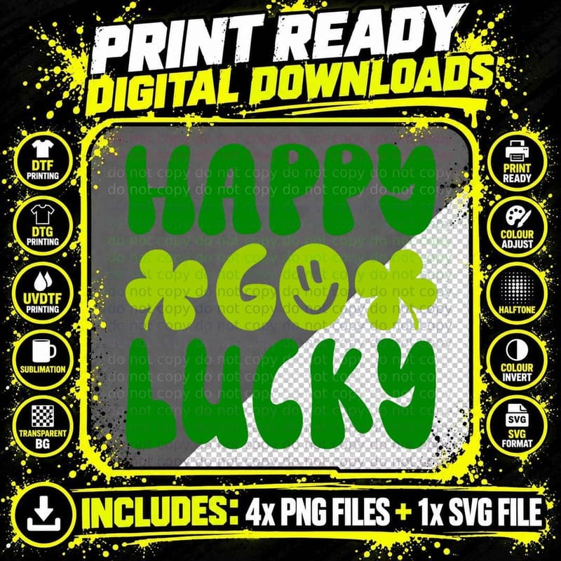 Happy Go Lucky Shamrock St Patricks Day Women Men Kids Png SVG Digital Bundle