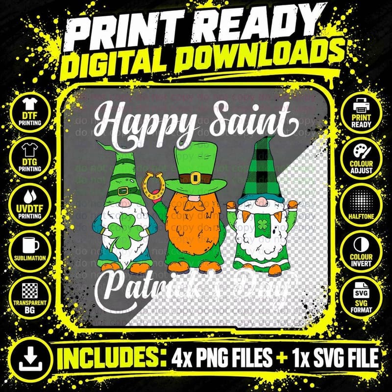 Happy Saint Patrick's Day Gnomes Shamrock Leprechaun Png SVG Digital Bundle