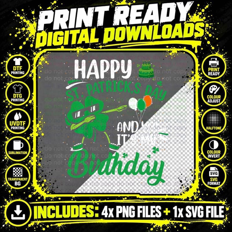 Happy St Patricks Day Birthday Party Shamrock Dab Kids Png SVG Digital Bundle