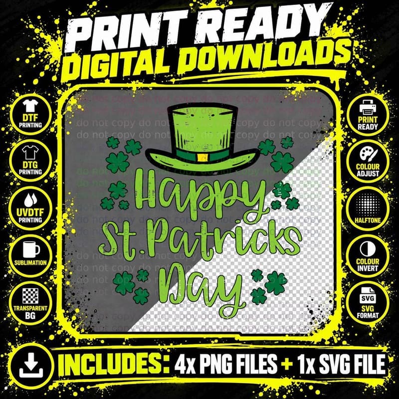 Happy St Patricks Day Hat Shamrock Men Women Kids Png SVG Digital Bundle