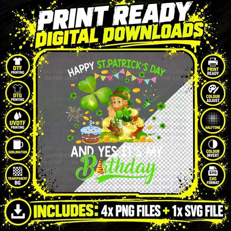 Happy St Patricks Day and My Birthday Leprechaun Png SVG Digital Bundle