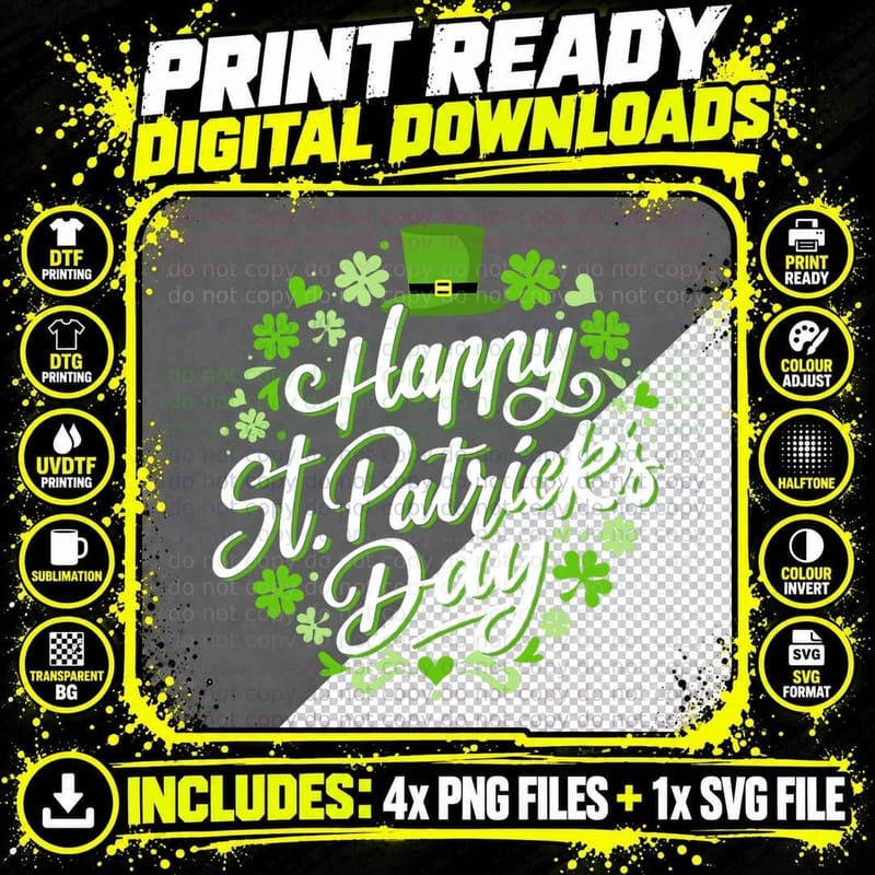 Happy St Patricks Day with Shamrocks for Irish Party Png SVG Digital Bundle