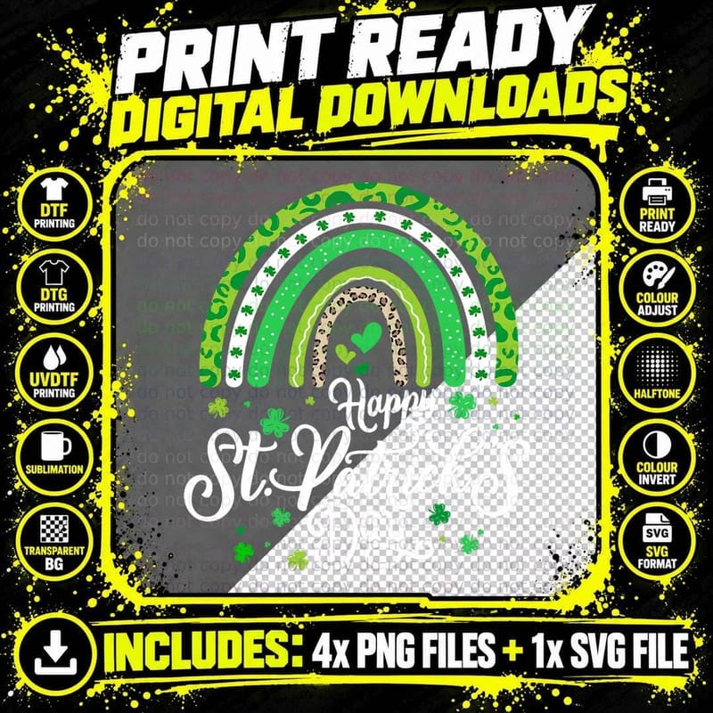 Happy St. Patricks Day Rainbow Leopard Print Shamrock Png SVG Digital Bundle