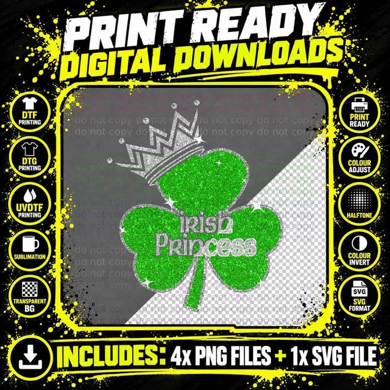 Irish Princess Happy St Patricks Day Shamrock T-Shirt Png SVG Digital Bundle