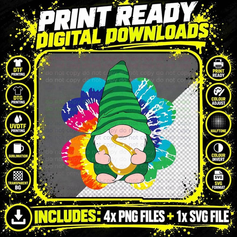 Irish Shamrock Gnome Tie Dye Hippie Shirt St. Patricks Png SVG Digital Bundle