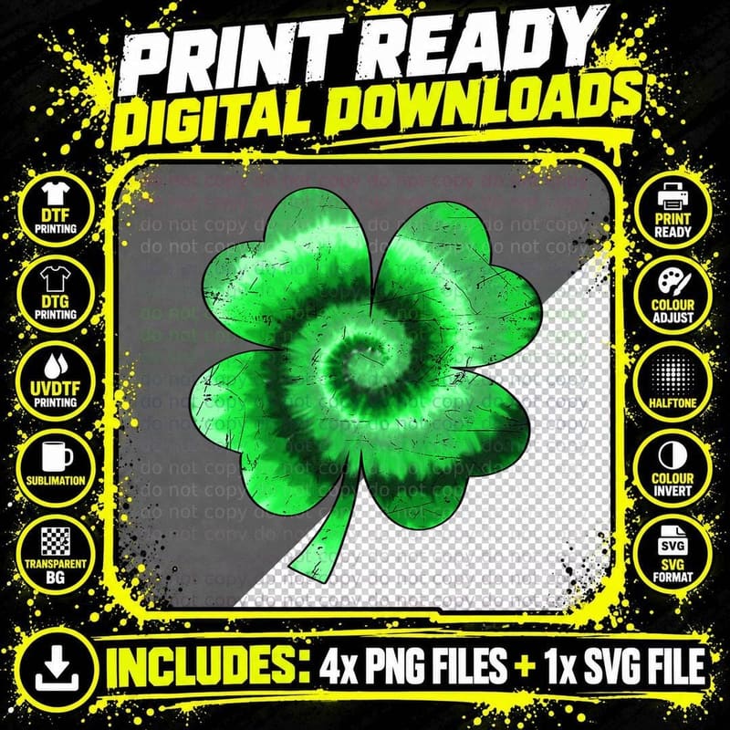 Irish Shamrock Tie Dye Happy St Patrick's Day Go Lucky Png SVG Digital Bundle