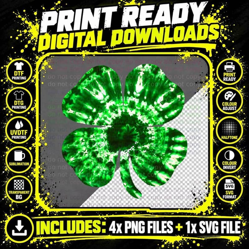 Irish Shamrock Tie Dye Happy St Patrick's Day Go Lucky Png SVG Digital Bundle