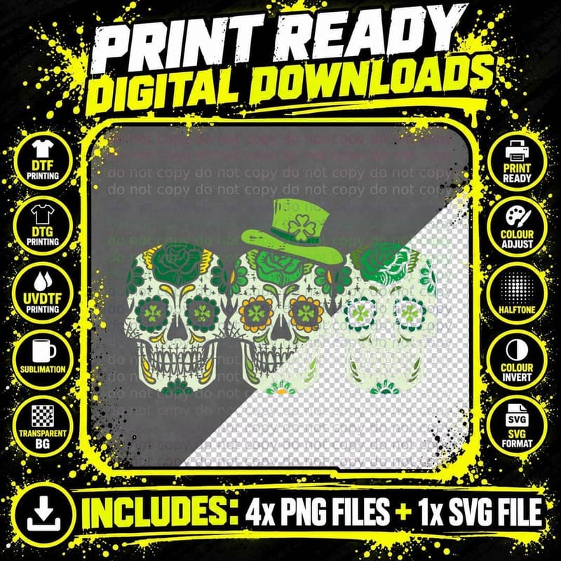 Irish Sugar Skulls Paddys St Patricks Day Calavera Png SVG Digital Bundle
