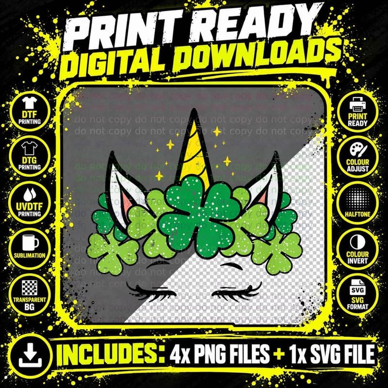 Kids St Patricks Day Unicorn Face Shamrock Pattys Png SVG Digital Bundle