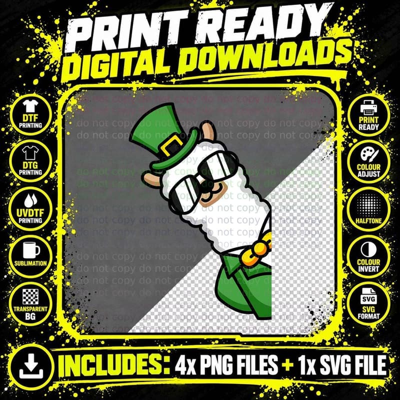 Leprechaun Alpaca Llama Sunglasses St Patricks Day Png SVG Digital Bundle