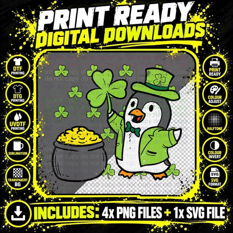 Leprechaun Penguin Pot of Gold Shamrock Cute St Patricks Png SVG Digital Bundle