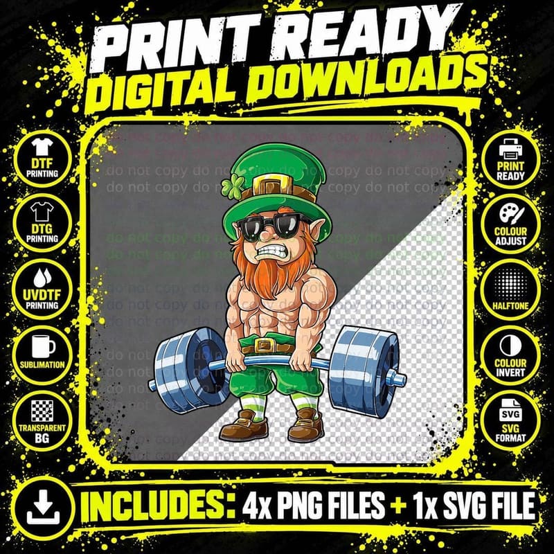 Leprechaun St Patricks Day Weightlifting Deadlift Png SVG Digital Bundle